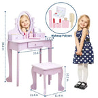 Coiffeuse pour enfants avec miroir, table de maquillage et tabouret, ensemble de jeu en bois pour 4-9 ans, violet