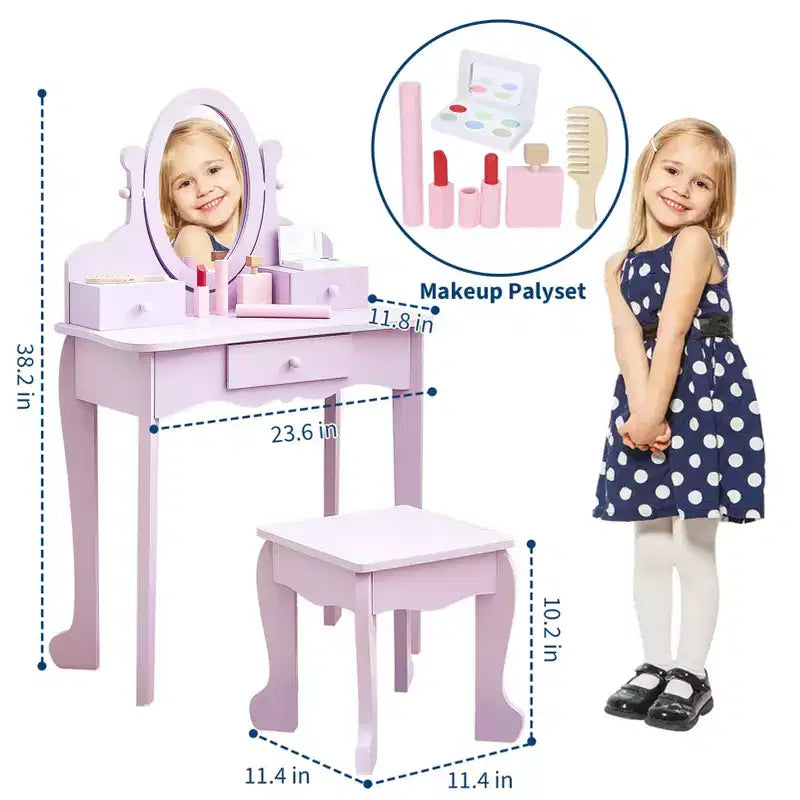 Coiffeuse pour enfants avec miroir, table de maquillage et tabouret, ensemble de jeu en bois pour 4-9 ans, violet