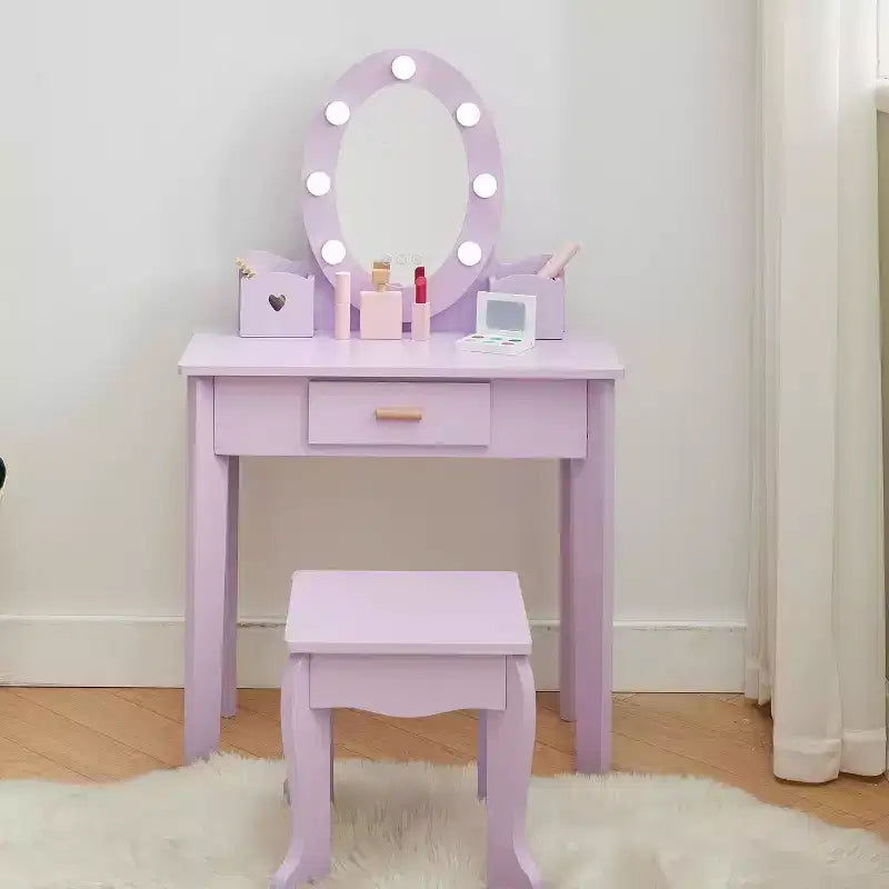 Coiffeuse pour enfants avec miroir, table de maquillage et tabouret, ensemble de jeu en bois pour 4-9 ans, violet