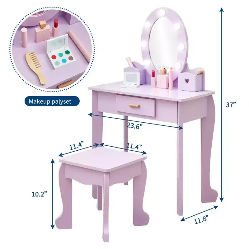 Coiffeuse pour enfants avec miroir, table de maquillage et tabouret, ensemble de jeu en bois pour 4-9 ans, violet