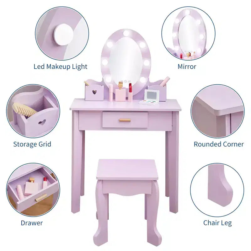 Coiffeuse pour enfants avec miroir, table de maquillage et tabouret, ensemble de jeu en bois pour 4-9 ans, violet