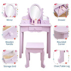 Coiffeuse pour enfants avec miroir, table de maquillage et tabouret, ensemble de jeu en bois pour 4-9 ans, violet