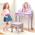 Coiffeuse pour enfants avec miroir, table de maquillage et tabouret, ensemble de jeu en bois pour 4-9 ans, violet