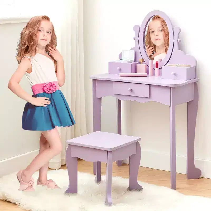 Coiffeuse pour enfants avec miroir, table de maquillage et tabouret, ensemble de jeu en bois pour 4-9 ans, violet