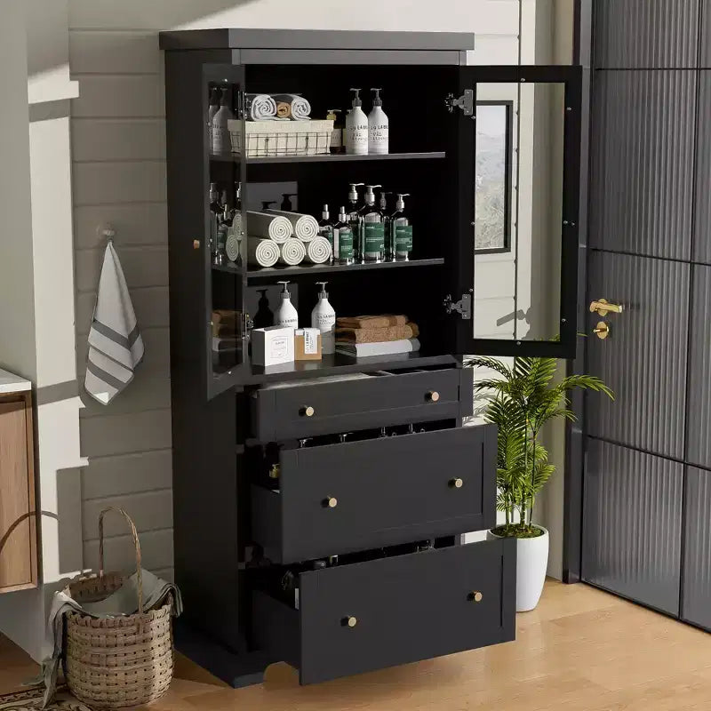 Meuble de salle de bain autoportant moderne de 178 cm avec 3 tiroirs et étagères réglables, portes en verre à fermeture douce, pour un rangement multi-pièces - ModernLuxe
