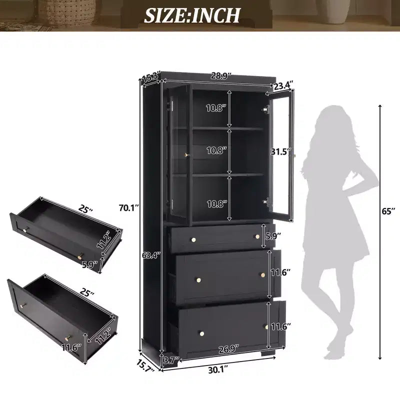 Meuble de salle de bain autoportant moderne de 178 cm avec 3 tiroirs et étagères réglables, portes en verre à fermeture douce, pour un rangement multi-pièces - ModernLuxe