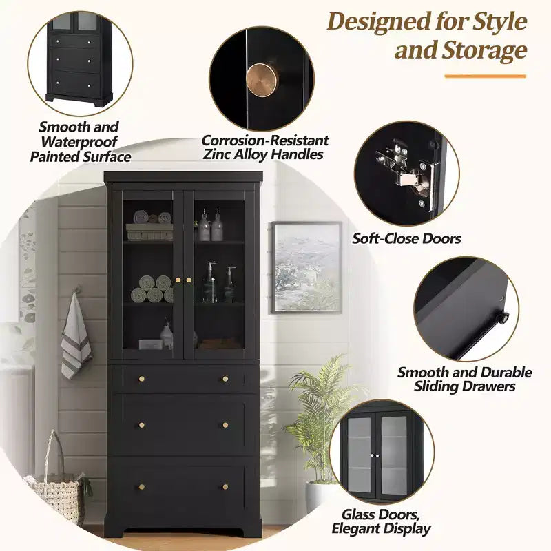 Meuble de salle de bain autoportant moderne de 178 cm avec 3 tiroirs et étagères réglables, portes en verre à fermeture douce, pour un rangement multi-pièces - ModernLuxe