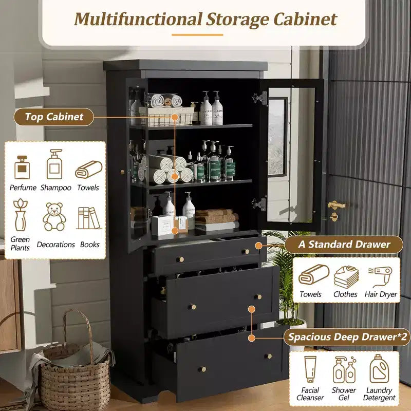 Meuble de salle de bain autoportant moderne de 178 cm avec 3 tiroirs et étagères réglables, portes en verre à fermeture douce, pour un rangement multi-pièces - ModernLuxe
