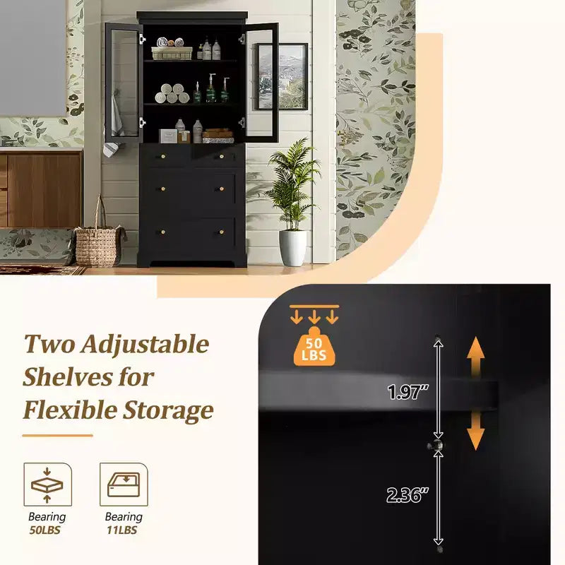 Meuble de salle de bain autoportant moderne de 178 cm avec 3 tiroirs et étagères réglables, portes en verre à fermeture douce, pour un rangement multi-pièces - ModernLuxe