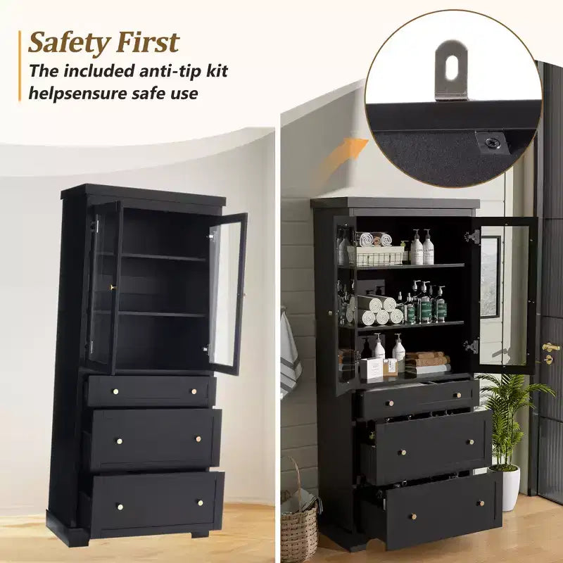 Meuble de salle de bain autoportant moderne de 178 cm avec 3 tiroirs et étagères réglables, portes en verre à fermeture douce, pour un rangement multi-pièces - ModernLuxe