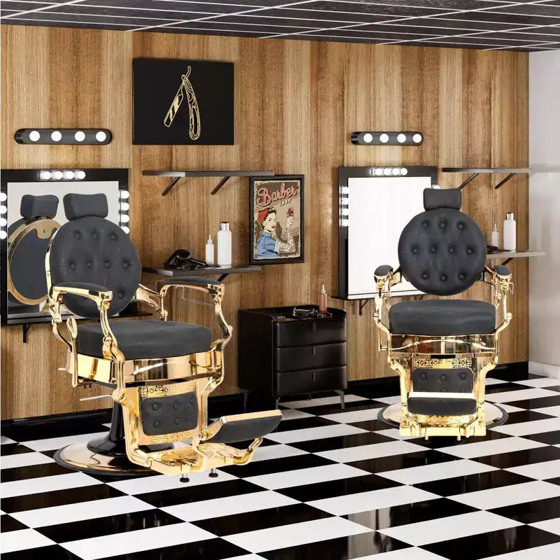 Chaise de Barbier Karl Home Vintage Noir Avec Cadre Doré Robuste Inclinable Hydraulique