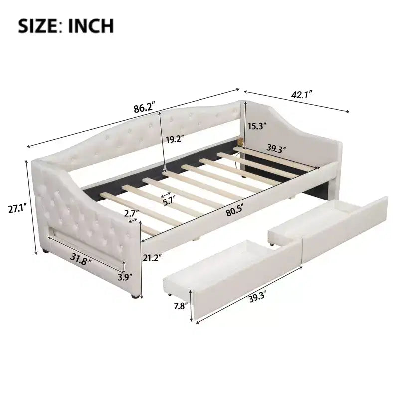 Lit de repos rembourré Whisen de taille Twin XL avec bande LED et 2 tiroirs