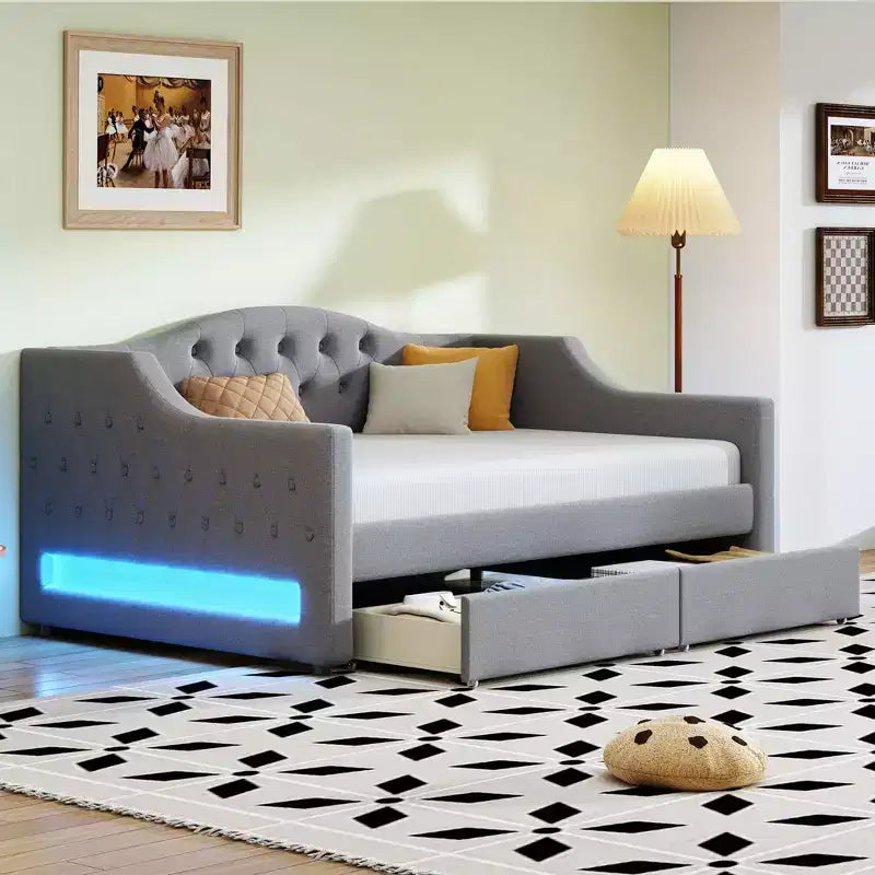 Lit de repos rembourré Whisen de taille Twin XL avec bande LED et 2 tiroirs