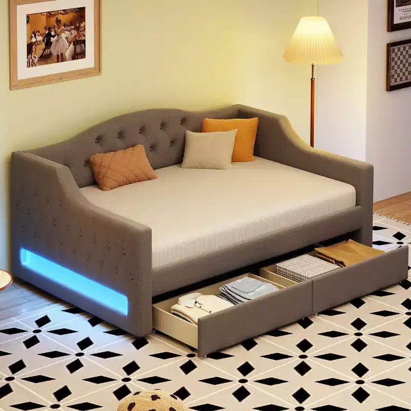 Lit de repos rembourré Whisen de taille Twin XL avec bande LED et 2 tiroirs