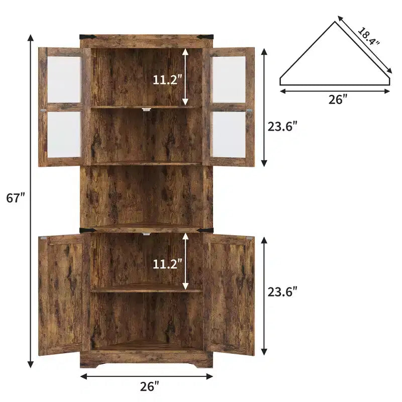 Meuble d'angle de rangement de 170 cm de haut avec lumières, vitrine d'angle de style rustique en bois avec portes vitrées, pour cuisine, salon, salle de bain