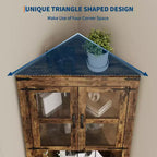Meuble d'angle de rangement de 170 cm de haut avec lumières, vitrine d'angle de style rustique en bois avec portes vitrées, pour cuisine, salon, salle de bain