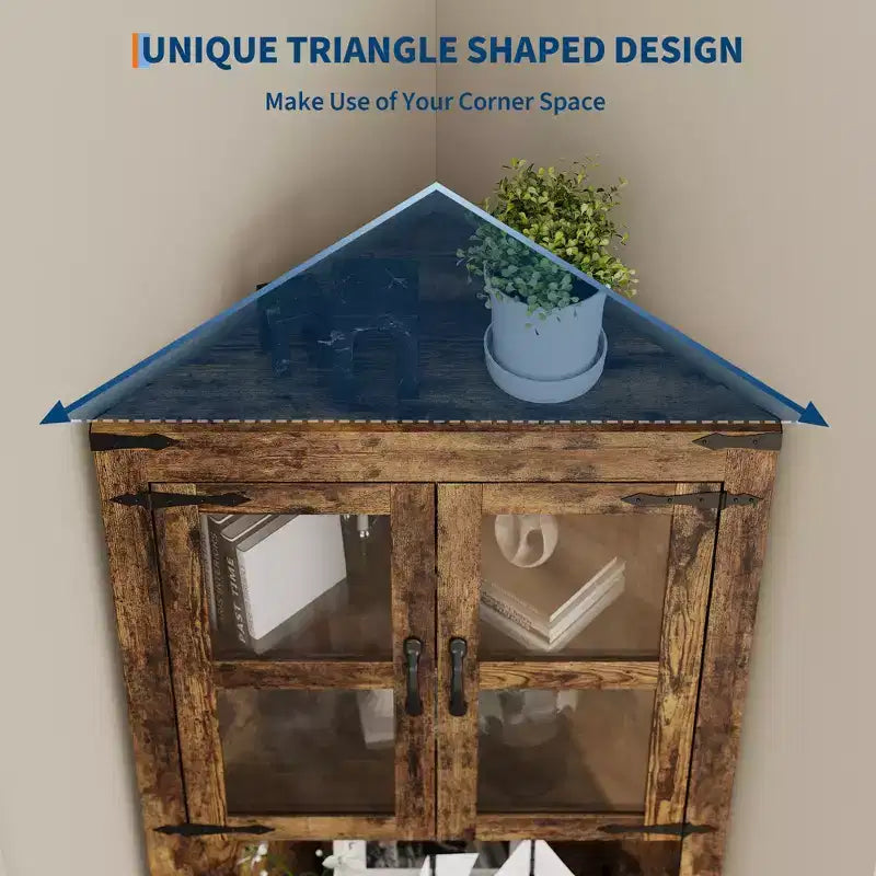 Meuble d'angle de rangement de 170 cm de haut avec lumières, vitrine d'angle de style rustique en bois avec portes vitrées, pour cuisine, salon, salle de bain