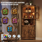 Meuble d'angle de rangement de 170 cm de haut avec lumières, vitrine d'angle de style rustique en bois avec portes vitrées, pour cuisine, salon, salle de bain