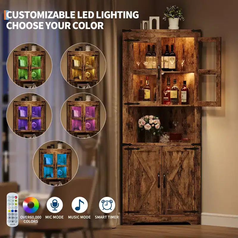 Meuble d'angle de rangement de 170 cm de haut avec lumières, vitrine d'angle de style rustique en bois avec portes vitrées, pour cuisine, salon, salle de bain