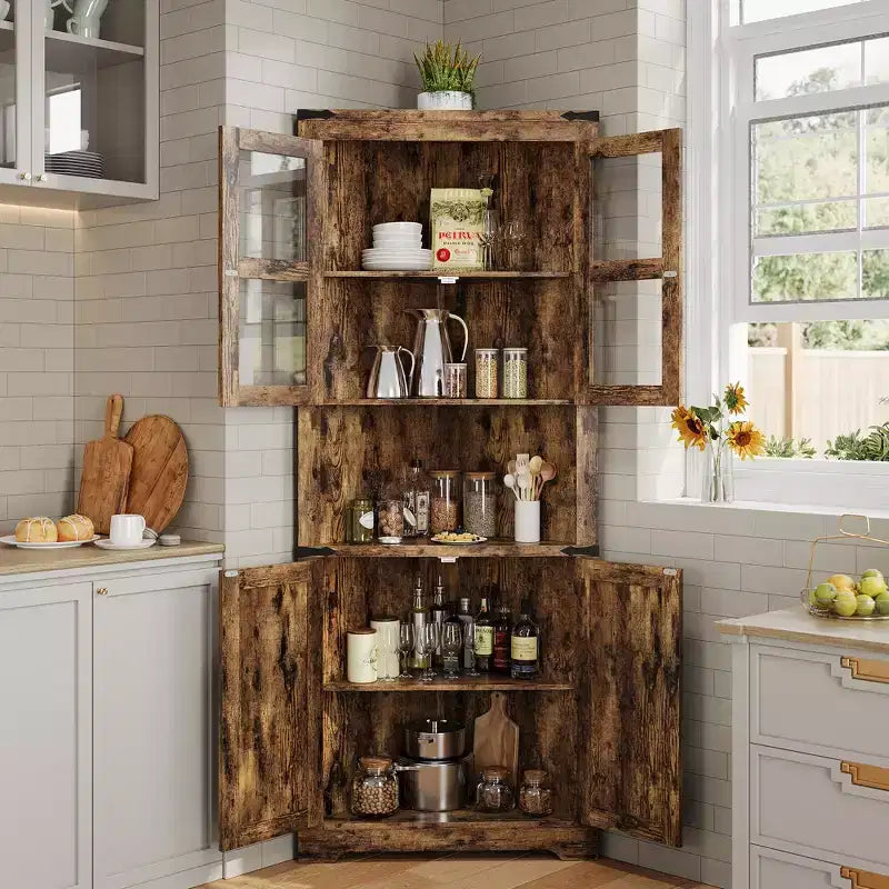 Meuble d'angle de rangement de 170 cm de haut avec lumières, vitrine d'angle de style rustique en bois avec portes vitrées, pour cuisine, salon, salle de bain