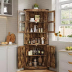Meuble d'angle de rangement de 170 cm de haut avec lumières, vitrine d'angle de style rustique en bois avec portes vitrées, pour cuisine, salon, salle de bain