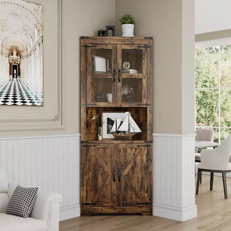 Meuble d'angle de rangement de 170 cm de haut avec lumières, vitrine d'angle de style rustique en bois avec portes vitrées, pour cuisine, salon, salle de bain