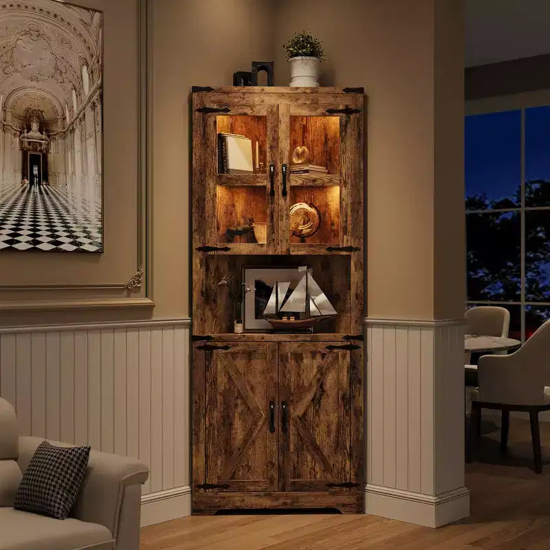 Meuble d'angle de rangement de 170 cm de haut avec lumières, vitrine d'angle de style rustique en bois avec portes vitrées, pour cuisine, salon, salle de bain