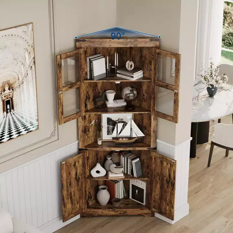 Meuble d'angle de rangement de 170 cm de haut avec lumières, vitrine d'angle de style rustique en bois avec portes vitrées, pour cuisine, salon, salle de bain