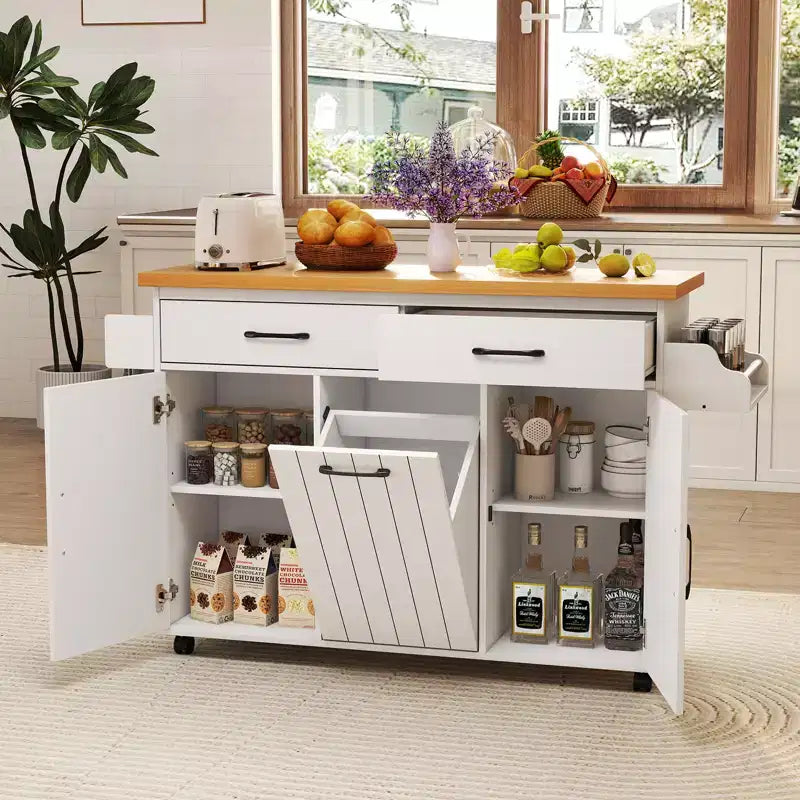 Costway Îlot de cuisine roulant avec poubelle basculante Table d'appoint Blanc/Noir
