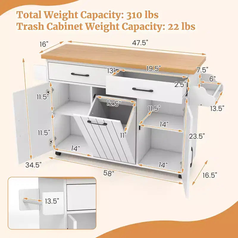 Costway Îlot de cuisine roulant avec poubelle basculante Table d'appoint Blanc/Noir