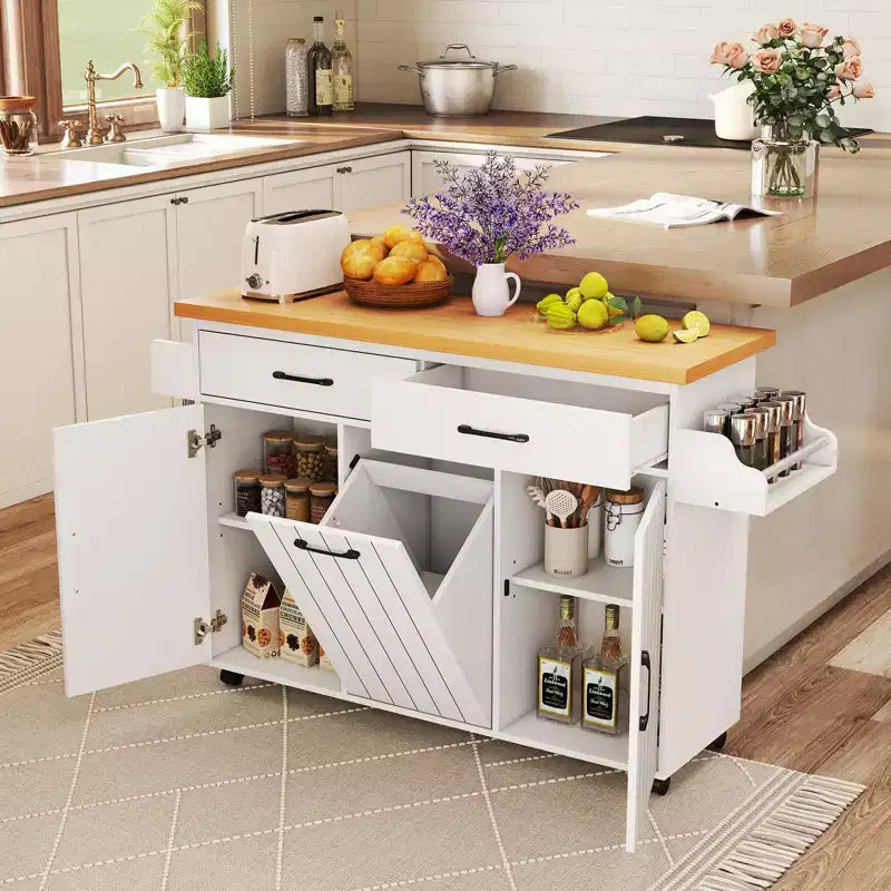 Costway Îlot de cuisine roulant avec poubelle basculante Table d'appoint Blanc/Noir