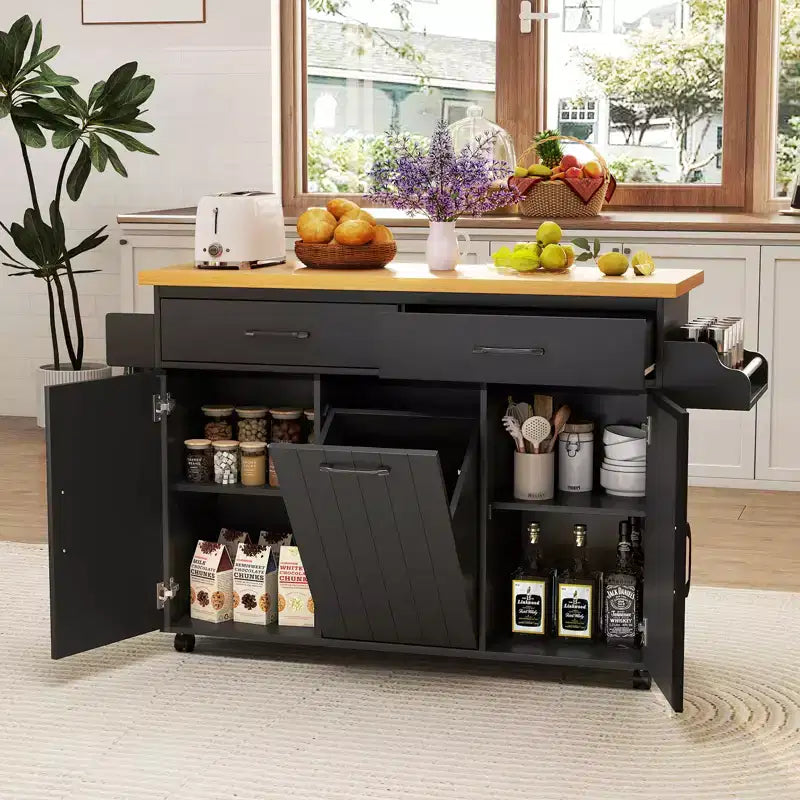 Costway Îlot de cuisine roulant avec poubelle basculante Table d'appoint Blanc/Noir