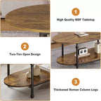 Table basse, table basse ovale en bois à 2 niveaux avec pieds en métal à colonnes romaines et étagère ouverte, table de salon industrielle, table à thé