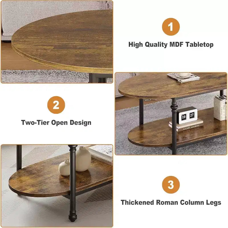 Table basse, table basse ovale en bois à 2 niveaux avec pieds en métal à colonnes romaines et étagère ouverte, table de salon industrielle, table à thé