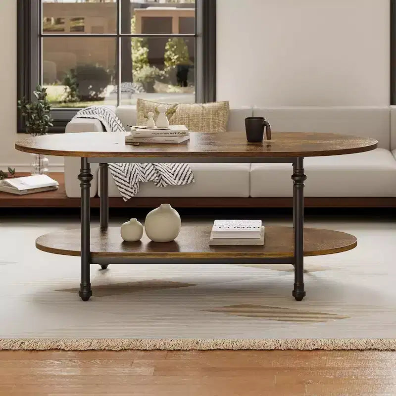 Table basse, table basse ovale en bois à 2 niveaux avec pieds en métal à colonnes romaines et étagère ouverte, table de salon industrielle, table à thé