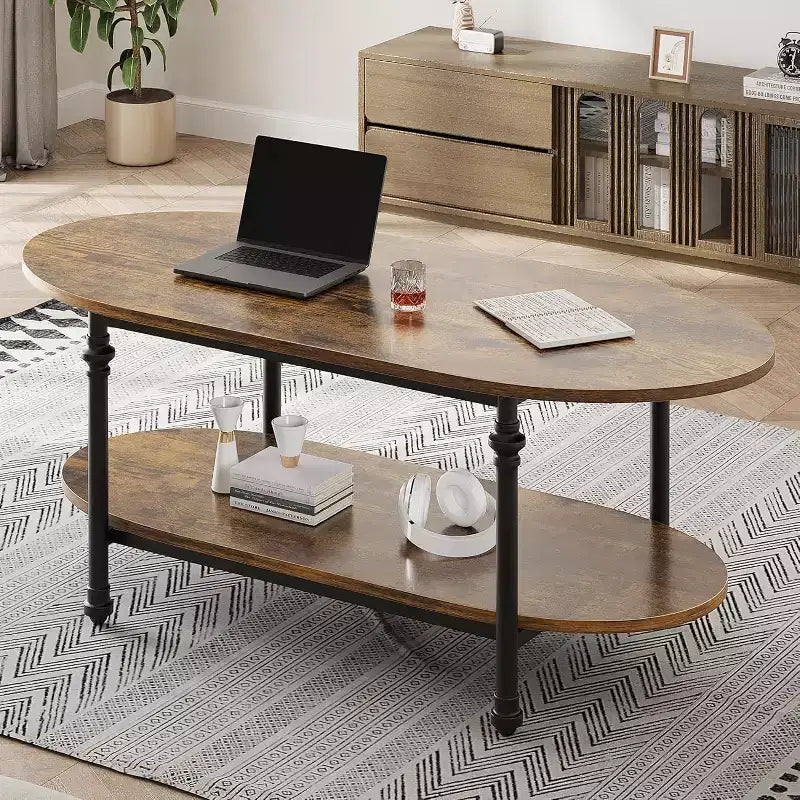 Table basse, table basse ovale en bois à 2 niveaux avec pieds en métal à colonnes romaines et étagère ouverte, table de salon industrielle, table à thé