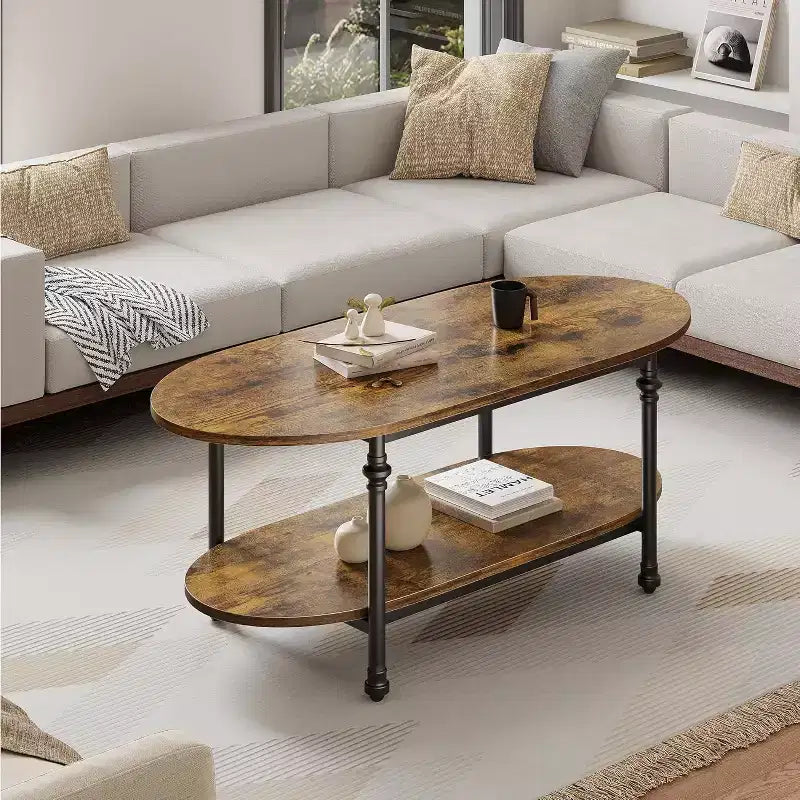 Table basse, table basse ovale en bois à 2 niveaux avec pieds en métal à colonnes romaines et étagère ouverte, table de salon industrielle, table à thé