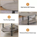 Table basse, table basse ovale en bois à 2 niveaux avec pieds en métal à colonnes romaines et étagère ouverte, table de salon industrielle, table à thé