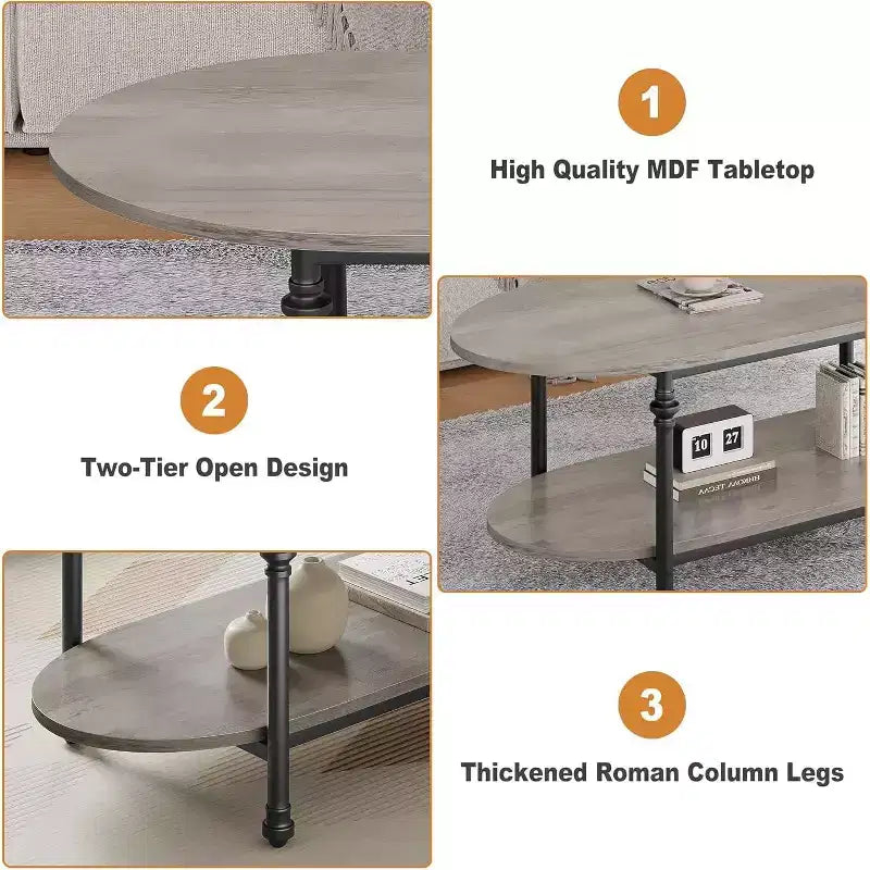 Table basse, table basse ovale en bois à 2 niveaux avec pieds en métal à colonnes romaines et étagère ouverte, table de salon industrielle, table à thé