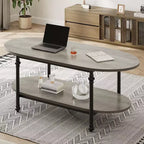 Table basse, table basse ovale en bois à 2 niveaux avec pieds en métal à colonnes romaines et étagère ouverte, table de salon industrielle, table à thé