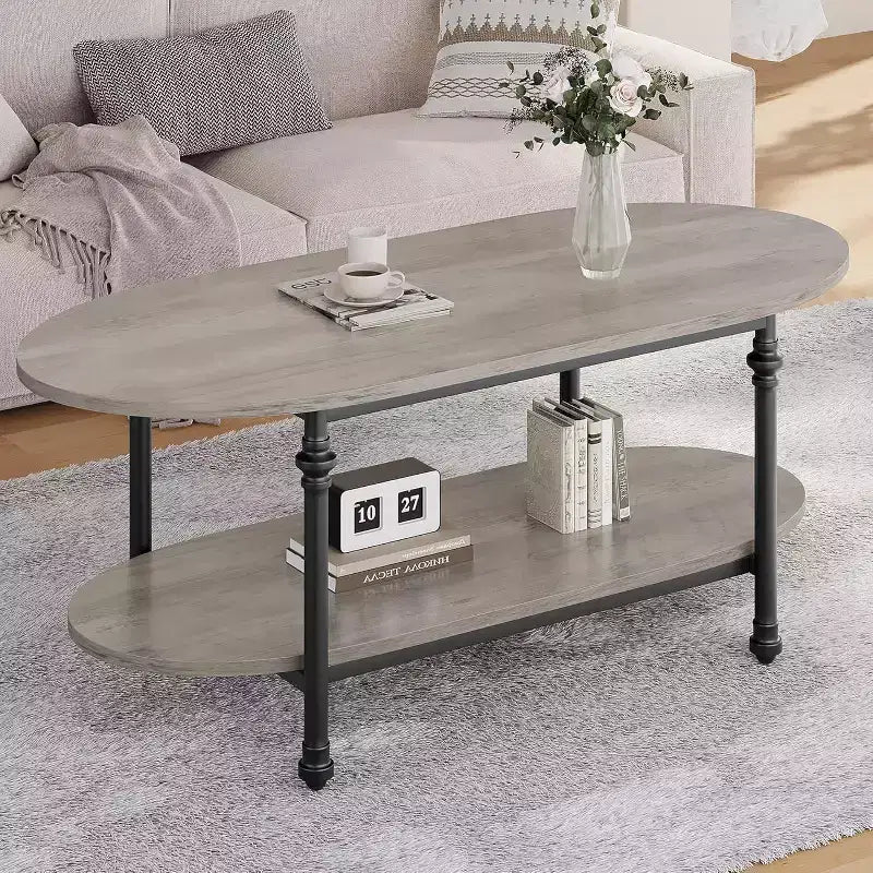 Table basse, table basse ovale en bois à 2 niveaux avec pieds en métal à colonnes romaines et étagère ouverte, table de salon industrielle, table à thé