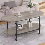 Table basse, table basse ovale en bois à 2 niveaux avec pieds en métal à colonnes romaines et étagère ouverte, table de salon industrielle, table à thé
