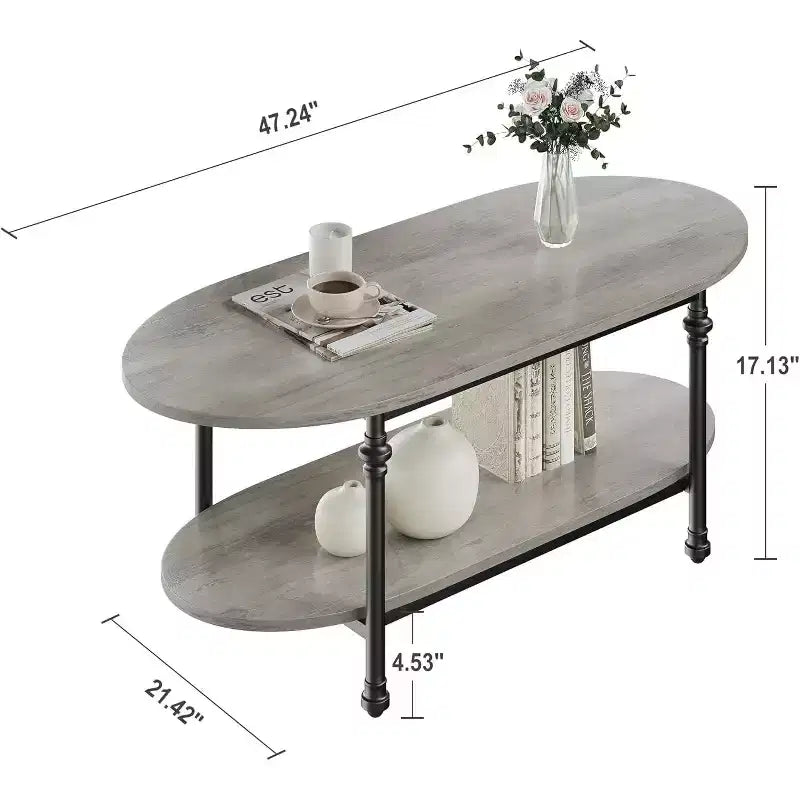 Table basse, table basse ovale en bois à 2 niveaux avec pieds en métal à colonnes romaines et étagère ouverte, table de salon industrielle, table à thé