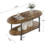 Table basse, table basse ovale en bois à 2 niveaux avec pieds en métal à colonnes romaines et étagère ouverte, table de salon industrielle, table à thé