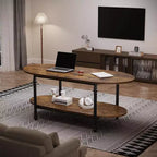 Table basse, table basse ovale en bois à 2 niveaux avec pieds en métal à colonnes romaines et étagère ouverte, table de salon industrielle, table à thé