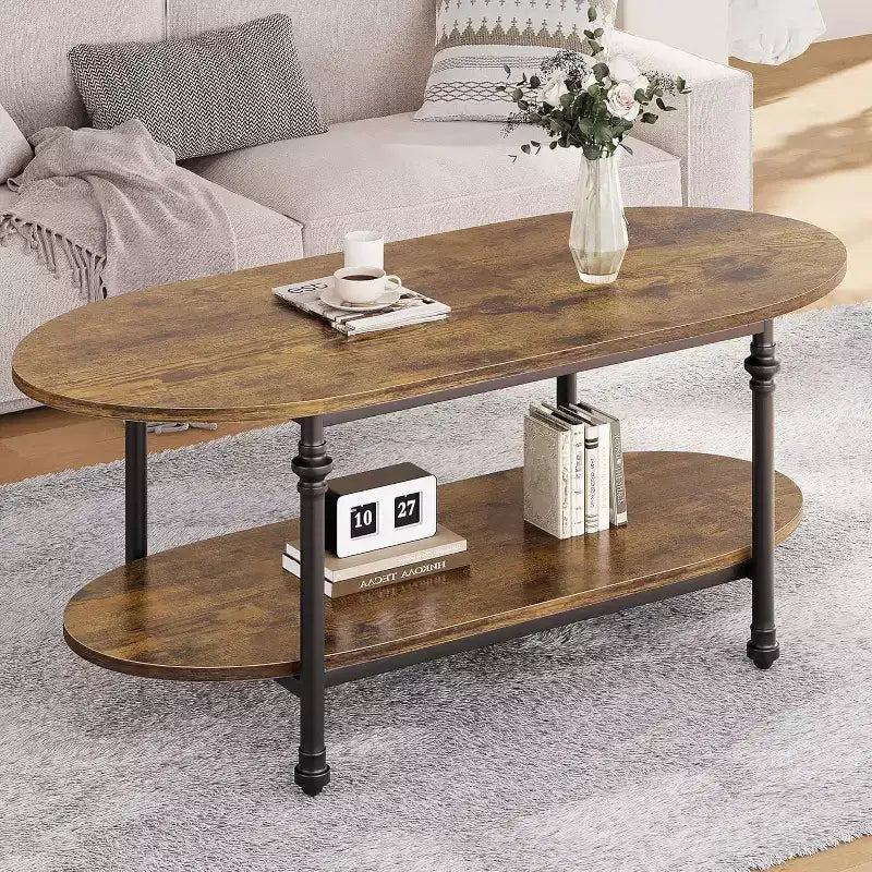 Table basse, table basse ovale en bois à 2 niveaux avec pieds en métal à colonnes romaines et étagère ouverte, table de salon industrielle, table à thé