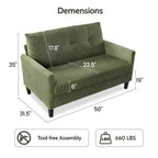 Dyonery 50 Canapé deux places en velours côtelé beige avec cadre en bois massif pour salon, petit canapé confortable avec assise profonde et coussin à ressorts, assemblage sans outils