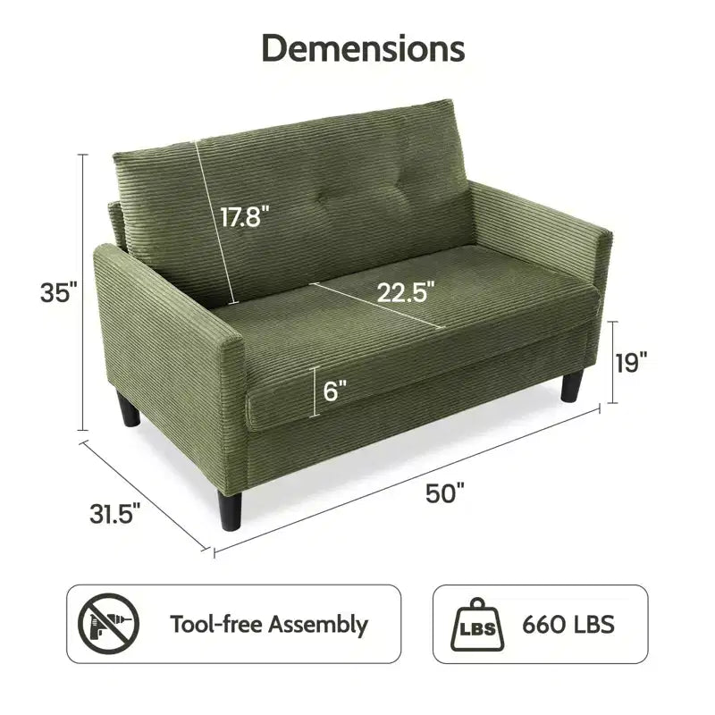 Dyonery 50 Canapé deux places en velours côtelé beige avec cadre en bois massif pour salon, petit canapé confortable avec assise profonde et coussin à ressorts, assemblage sans outils