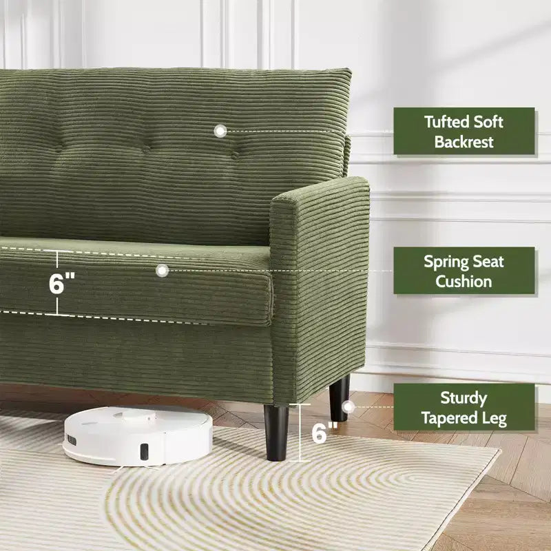 Dyonery 50 Canapé deux places en velours côtelé beige avec cadre en bois massif pour salon, petit canapé confortable avec assise profonde et coussin à ressorts, assemblage sans outils