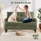 Dyonery 50 Canapé deux places en velours côtelé beige avec cadre en bois massif pour salon, petit canapé confortable avec assise profonde et coussin à ressorts, assemblage sans outils